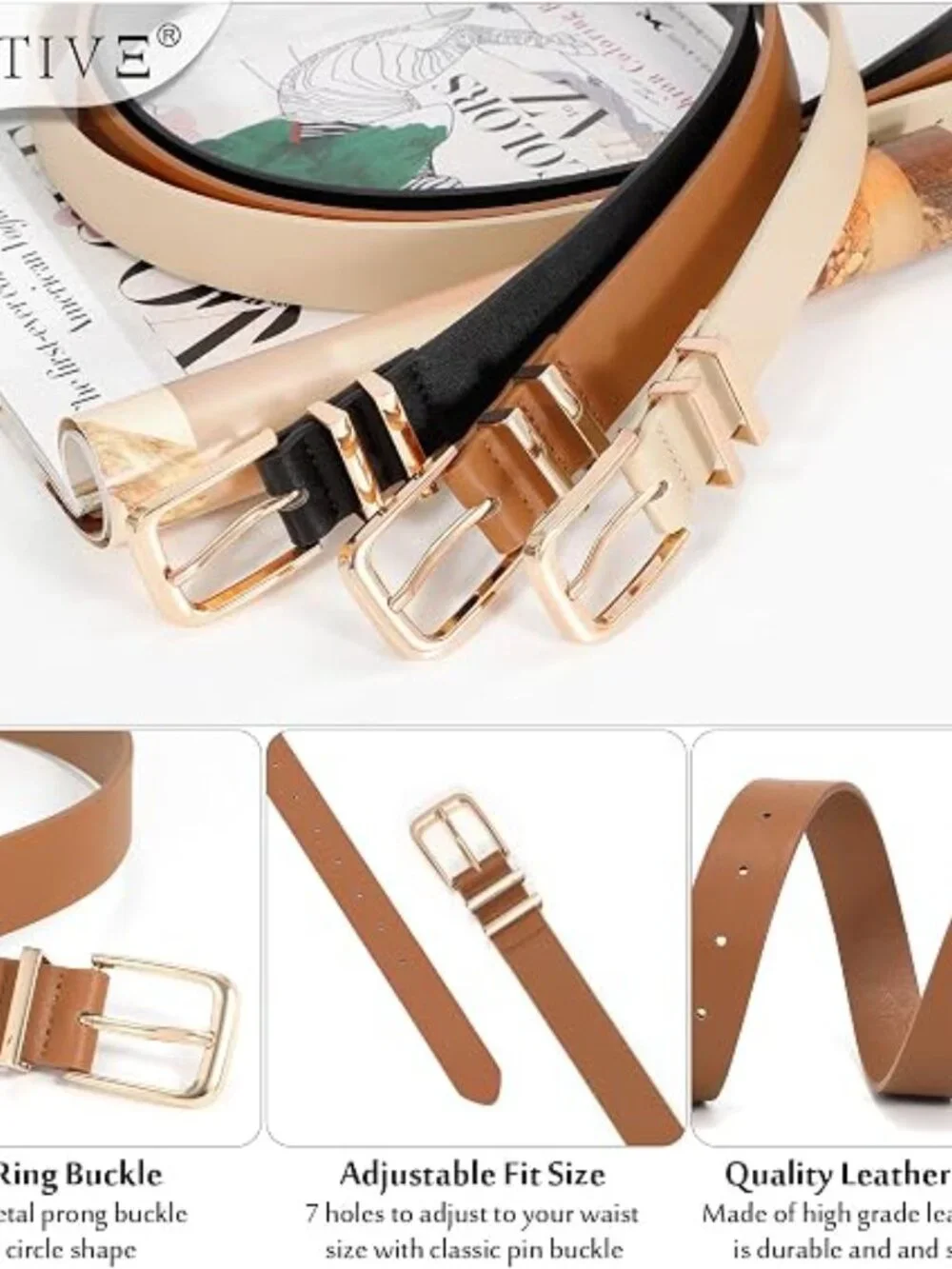 3 Pack Women Belts For Jeans Dresses Pants Ladies Leather Waist Belt with Gold B
